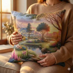 Coussin Jardin de Cottage au Ruisseau au Coucher du Soleil