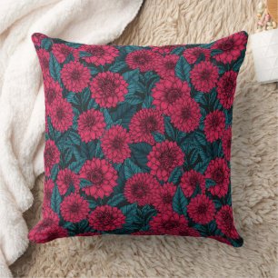 Coussin Jardin de Dahlia Rouge/feuilles bleus