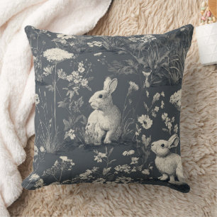 Coussin Jardin de lapins motif toile de Jouy noir botaniqu