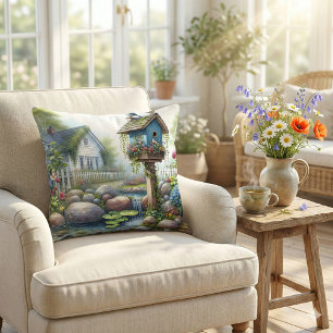Coussin Jardin de maisonnette à l'aquarelle avec nichoir à