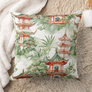 Coussin Jardin de pagode orientale aquarelle sage