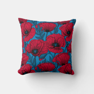 Coussin Jardin de pavot rouge sur bleu