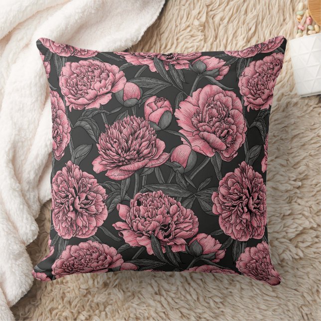 Coussin Jardin de pivoine nocturne rose et gris (Couverture)