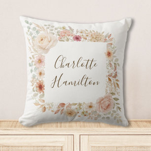 Coussin Jardin de roses à l'aquarelle Fleurs Nom personnal