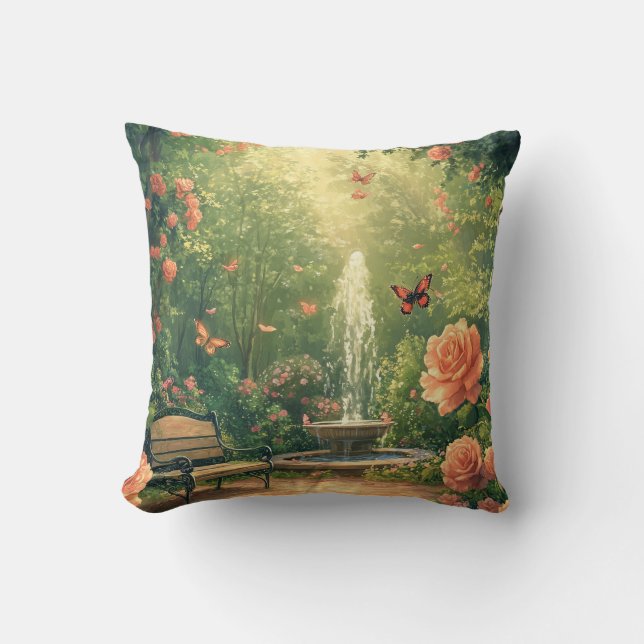 Coussin Jardin de roses avec fontaine (Recto)