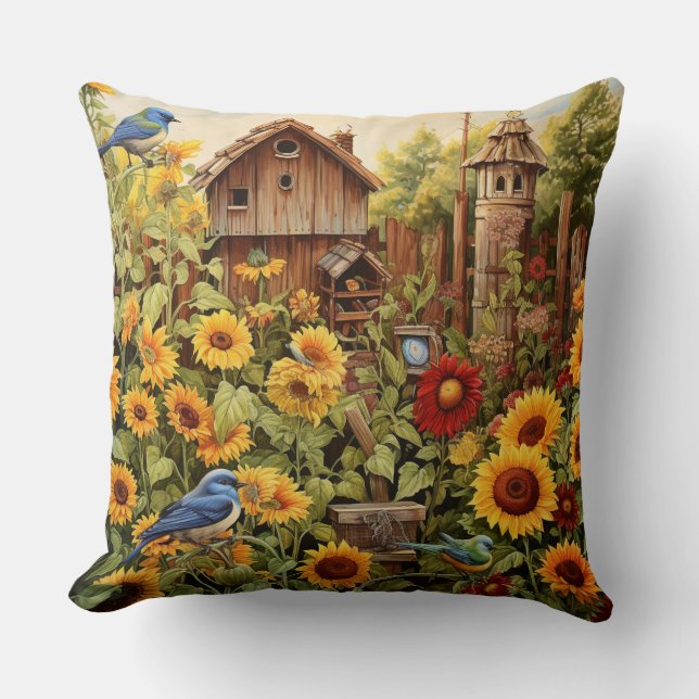Coussin Jardin de tournesol 4 Maisons d'oiseaux Oiseaux bl (Recto)