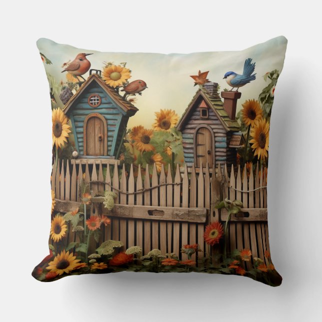 Coussin Jardin de tournesol 7 Maisons d'oiseaux Oiseaux bl (Recto)