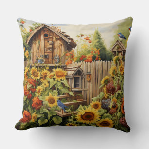 Coussin Jardin de Tournesols 2 Nids d'Oiseaux Oiseaux Bleu