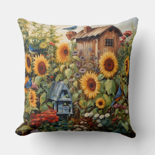 Coussin Jardin de tournesols 3 Maisons d'oiseaux Oiseaux b