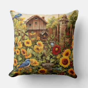Coussin Jardin de tournesols 4 Nids d'oiseaux Oiseaux bleu