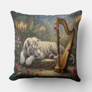 Coussin Jardin enchanté du Tigre Blanc – Harpe d'Or et Ros