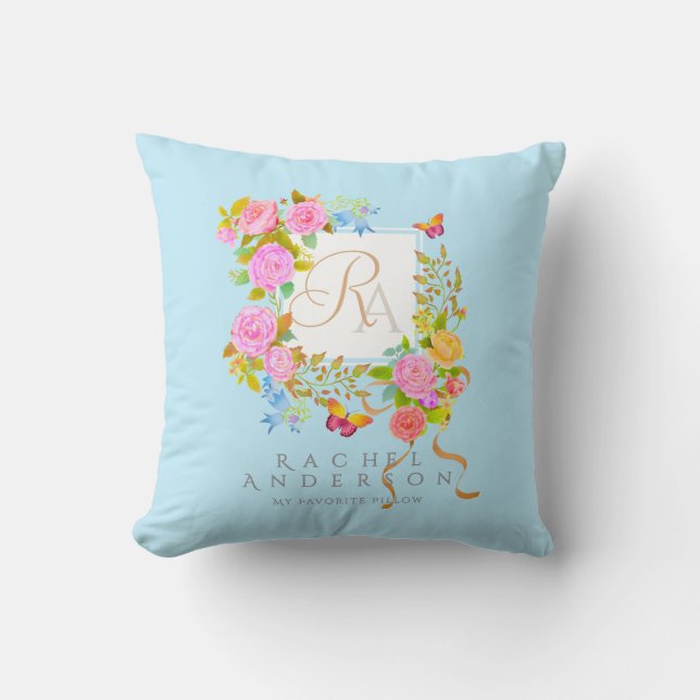 Coussin Jardin fleuri romantique monogramme bleu (Recto)