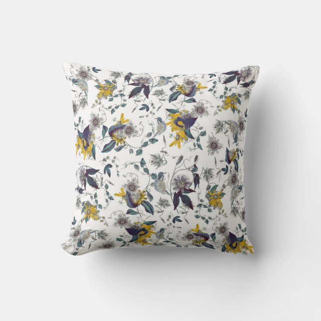 Coussin Jardin jaune blanc Passiflora motif floral (Recto)