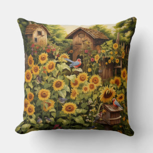Coussin Jardin Tournesol 12 Nids d'Oiseaux Oiseaux Bleus