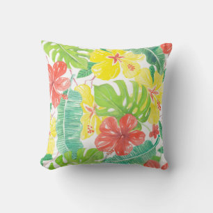 Coussin Jardin tropical, plumeria hibiscus et feuilles de 