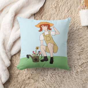 Coussin Jardinage fille avec fleurs cheveux Brown