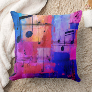 Coussin Jaune abstrait, rouge, bleu avec des notes de musi