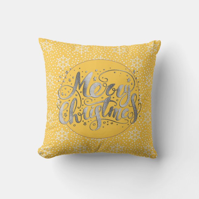 Coussin Jaune argent chaud Joyeux Noël Flocon de neige bla (Recto)