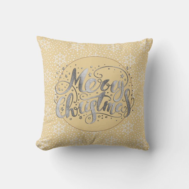 Coussin Jaune Argent Joyeux Noël Flocons de Neige Blancs (Recto)