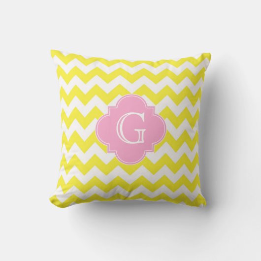 Coussin Jaune Blanc Chevron Rose Quatrefeuille Monogramme (Recto)
