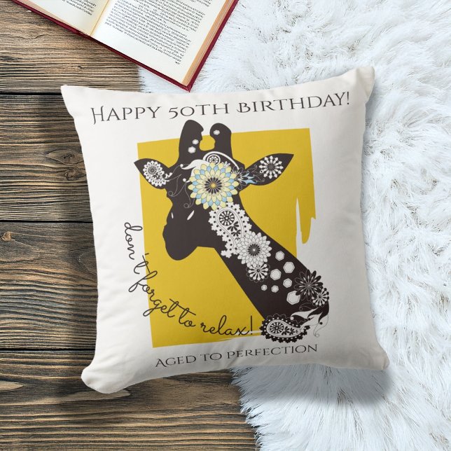 Coussin Jaune blanc et noir Funky Cool Giraffe Anniversair (Créateur téléchargé)