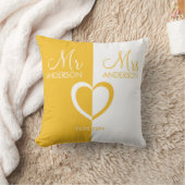 Coussin Jaune blanc M. Mme nom coeur cadeau mariage (Couverture)