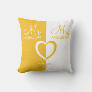 Coussin Jaune blanc M. Mme nom coeur cadeau mariage