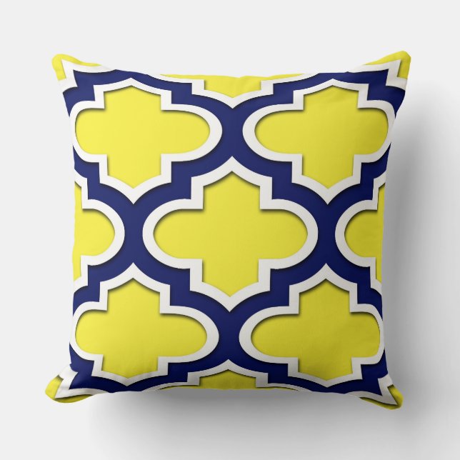 Coussin Jaune, Bleu Marine, Lg Quatrefoil Marocain #3DS (Recto)