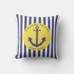Coussin Jaune Bleu Marine Rayure Bateau Nom Ancre Naudique