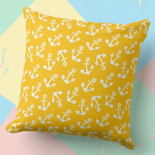 Coussin Jaune Clair et Blanc Ancres Tissu Côtier en Coton