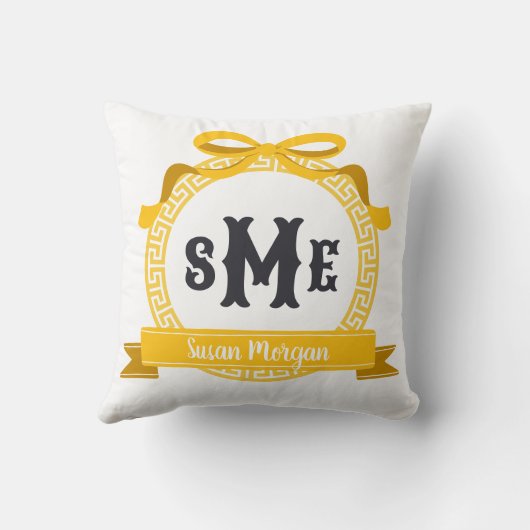 Coussin Jaune Clair Monogramme à Clef Grecque à Nœud (Verso)