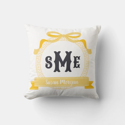 Coussin Jaune Clair Monogramme à Nœud à Clé Grecque (Recto)