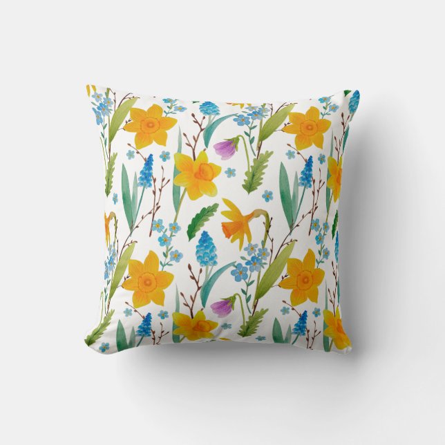 Coussin Jaune de printemps Jaune fleur bleu Décor (Recto)