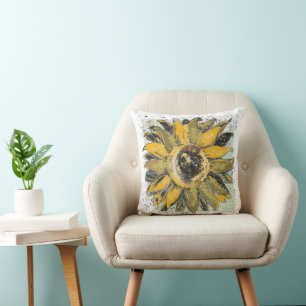 Coussin Jaune de tournesol, style d'aquarelle verte et noi