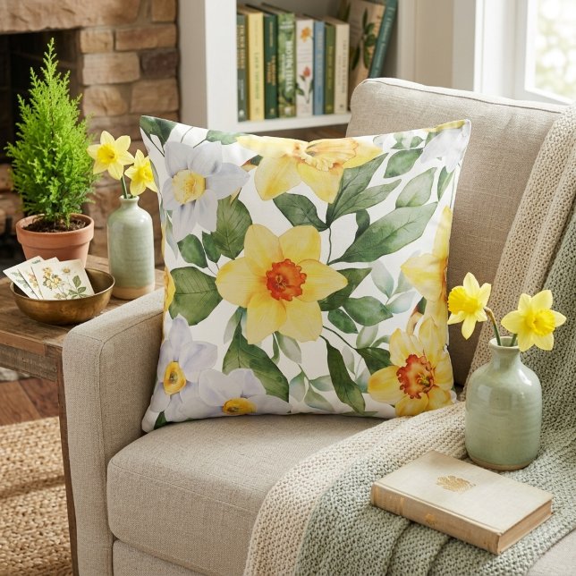 Coussin Jaune et blanc vibrant fleur de narcisse florale (Vibrant Yellow and White Daffodil Floral Throw Pillow)