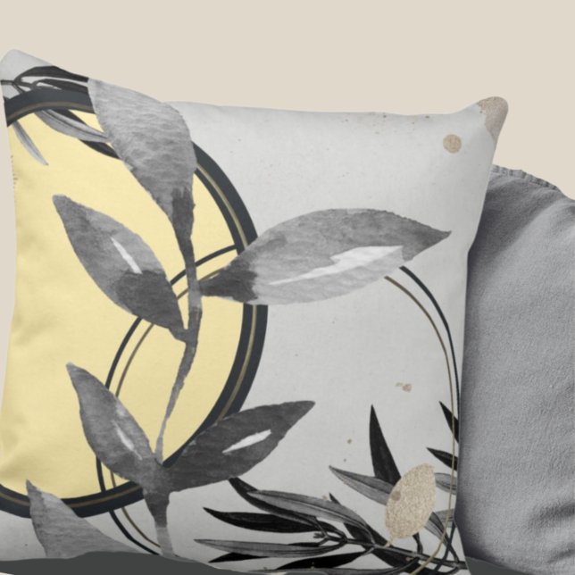 Coussin Jaune et gris Abstrait Zen Aquarelle Feuille (Créateur téléchargé)