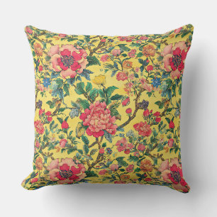 Coussin Jaune et rose floral chinoiserie