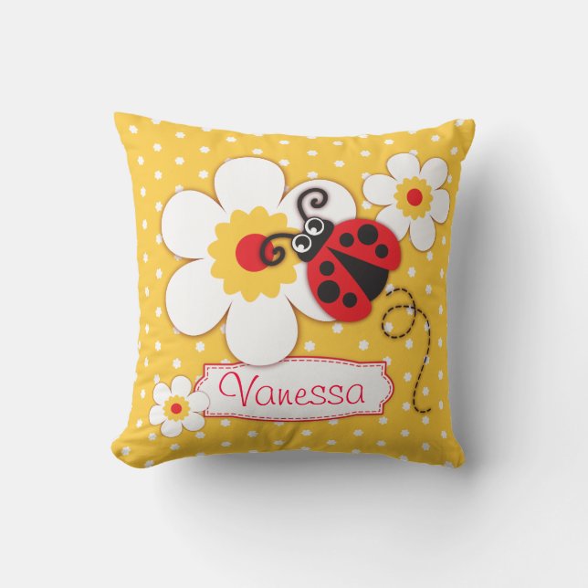 Coussin jaune et rouge de point de polka de nom de (Recto)