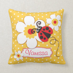 Coussin jaune et rouge de point de polka de nom de