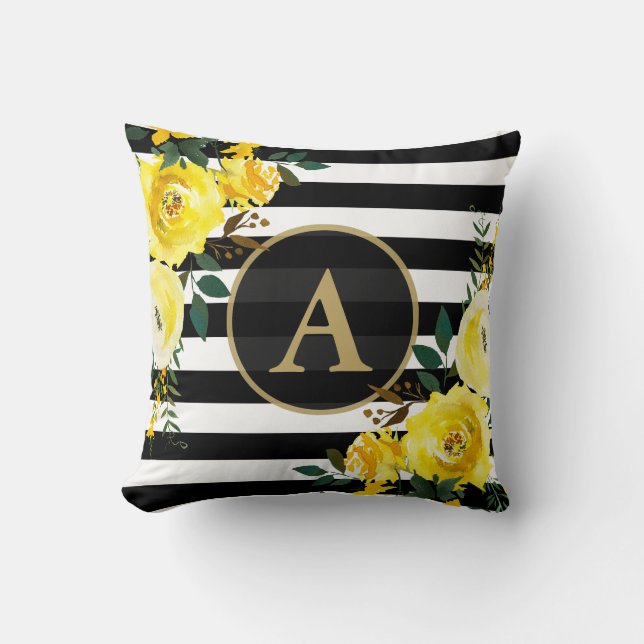 Coussin JAUNE FLORALE OR Monogramme noir blanc bande (Recto)