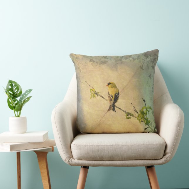 Coussin Jaune Gold Find Oiseau Branche Vintage Style (Chaise)