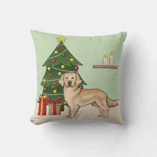 Coussin Jaune Golden Retriers Avec Arbre De Noël