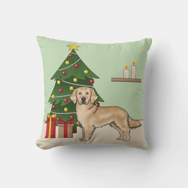 Coussin Jaune Golden Retriers Avec Arbre De Noël (Recto)