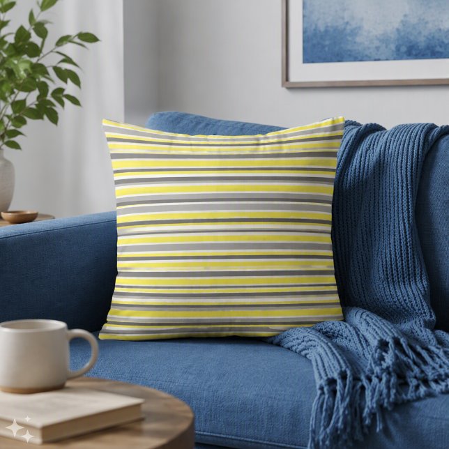 Coussin Jaune Gris rayures modernes (Créateur téléchargé)