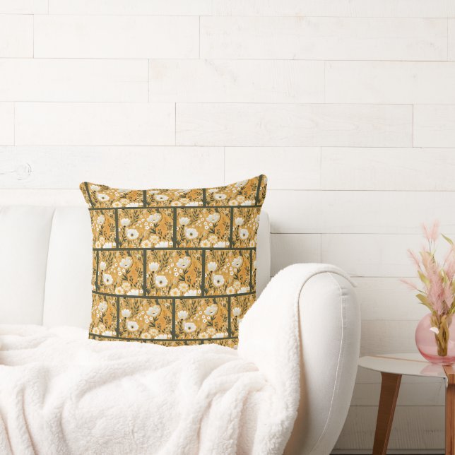 Coussin Jaune Moutarde et Fleur Botanique Blanche (Canapé)