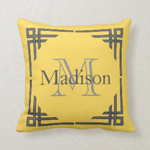 Coussin Jaune Moutarde Gris Bordure Géométrique Monogramme