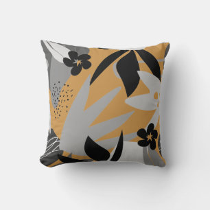 Coussin Jaune Moutarde & Gris Feuilles Abstraites Artistiq