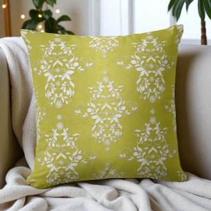 Coussin Jaune Vert Floral Damassé Victorien Rétro