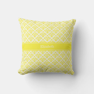 Coussin Jaune Vintage Blanc Damassé #3 Monogramme Nom Jaun