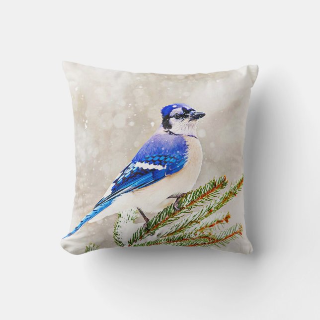 Coussin Jay bleu dans un pin avec neige (Recto)